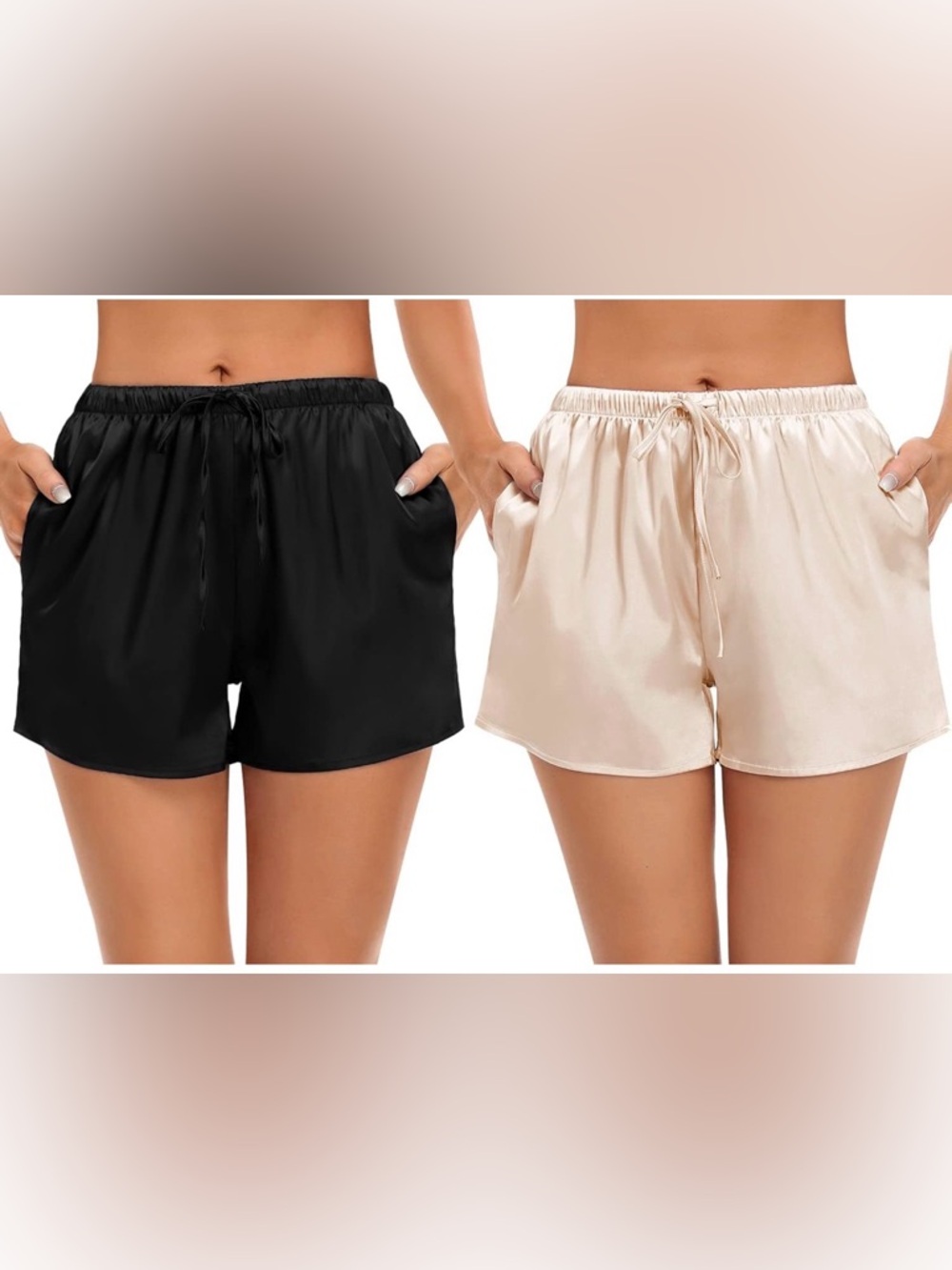 Set of Satin Drawstring Lounge Shorts - Black & Cream